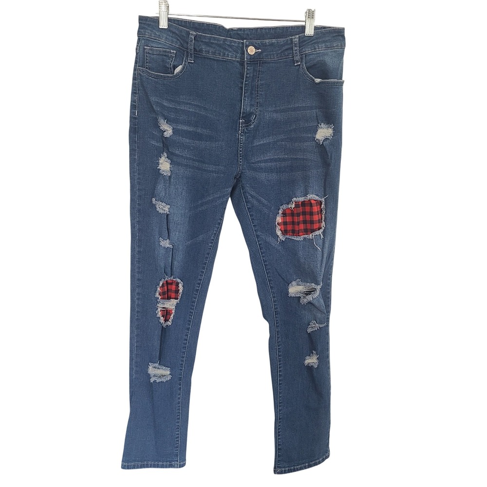 Mei Women's Distressed Skinny  Blue Buffalo Plaid Patch Jeans XL Stretch‎ Denim